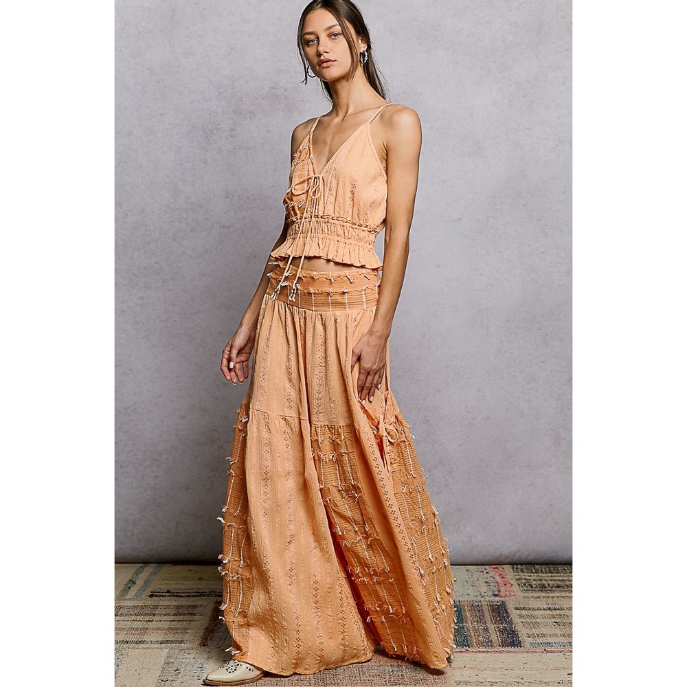 POL Bohemian Wide Leg Cotton Pants Apricot Orange Textured Pearl Shell Trim S‎